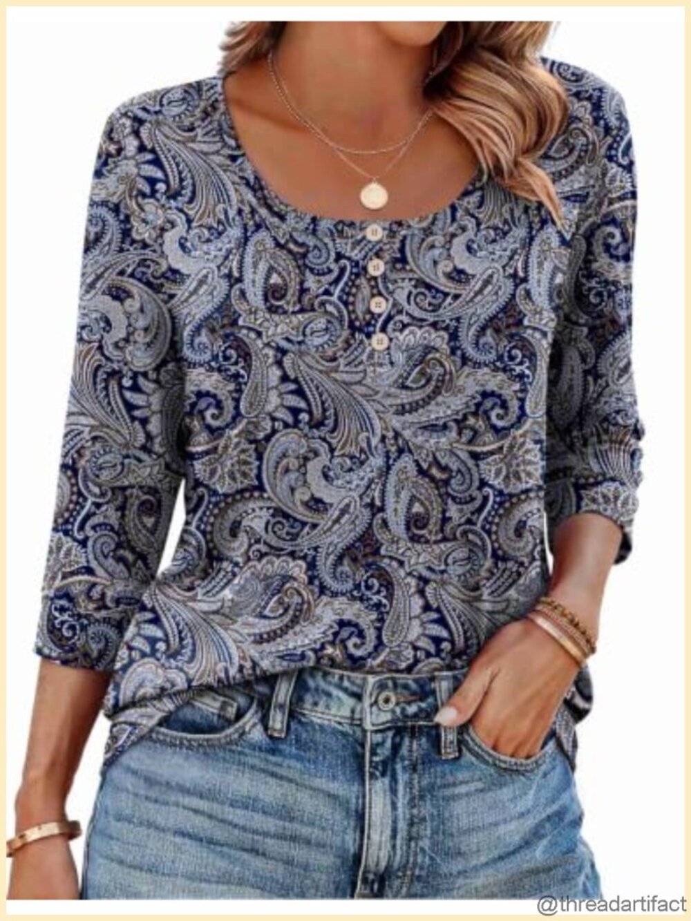 Women's 3/4 Sleeve Tunic Top Scoop Neck Henley Buttons Stretch Casual Blouse